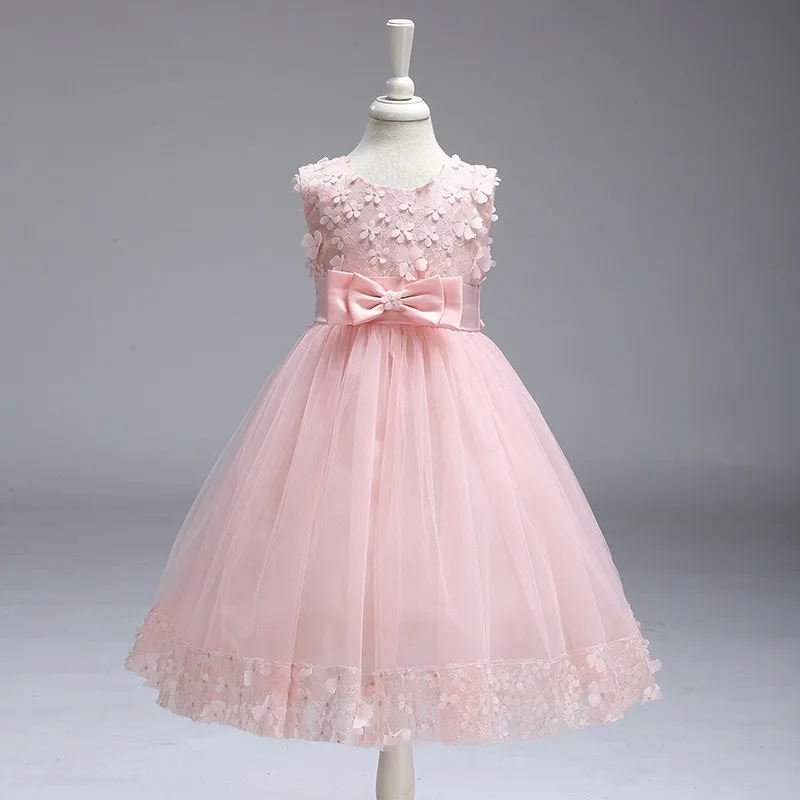 Розничная продажа, Платья с цветочным рисунком для девочек, летнее праздничное платье с аппликацией и бантом, элегантное бальное платье