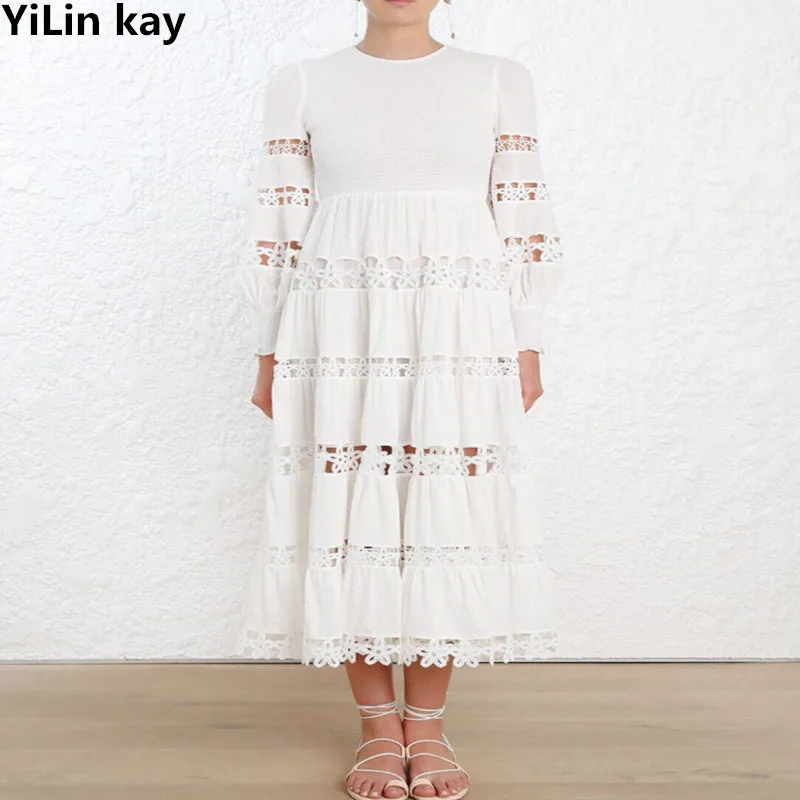 

YiLin kay 2019 High-end custom Self Portrait women Spring Runway Long Dress white lace Embroidered flowers hollow dress