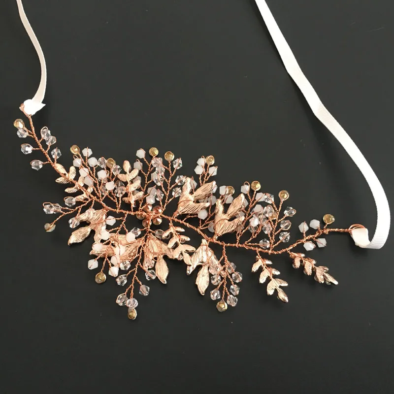 Floralbride Rose Gold Color Rhinestones Crystals Pearls Flower Wedding Headband Bridal Hair Vine Hair Accessories Women