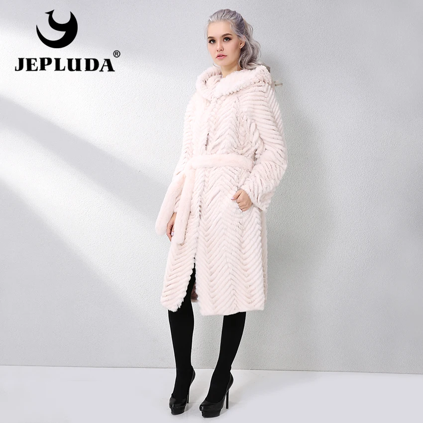 JEPLUDA Женская Шуба Натуральный Мех Женское Пальто Из Кролик Рекс Длинная Меховая