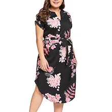 Новинка, модное женское платье большого размера с v-образным вырезом, коротким рукавом, поясом, с принтом, модное платье с цветочным рисунком, платья для женщин летнего размера плюс