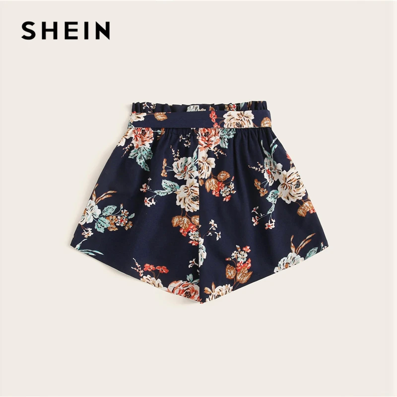 Женские шорты с поясом SHEIN темно синие свободные цветочным принтом и высокой