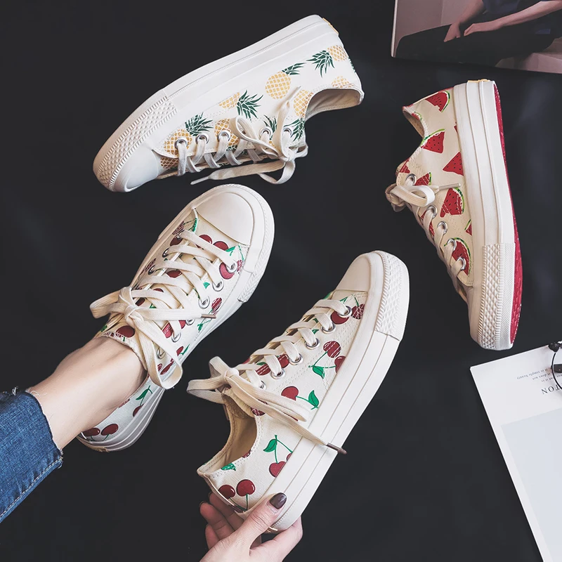 

Canvas Fashion Shoes Woman 2019 Spring New Fashion Printed Fruit Women Casual Shoes Flats Canvas Women Casual Shoes Sneakers