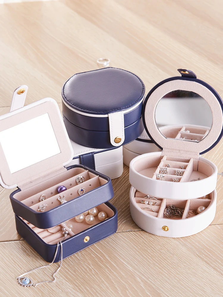 

Portable Jewelry Box Small Mini Earrings Hand Leather PU Jewelry Storage Stand Display Lightweight with Makeup Mirror
