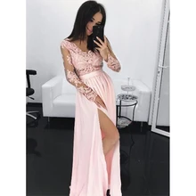 Простые розовые платья с длинными рукавами для выпускного вечера новые кружевные платья с аппликацией, расшитые по бокам шифоновые платья с v-образным вырезом, Вечерние Нарядные платья для вечеринок
