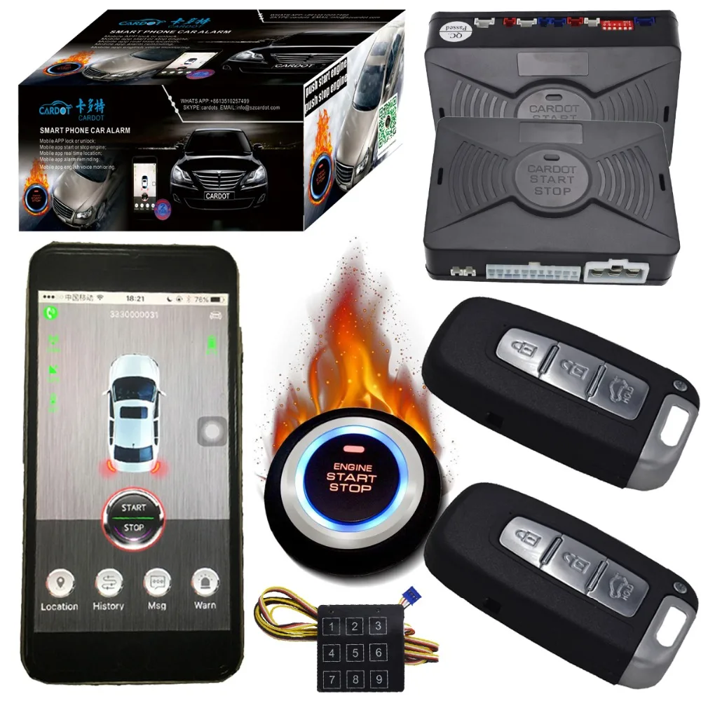 

cardot Smartphone gsm&gps car alarm security compatible with ios and android phone engine start stop pke auto lock and unlock