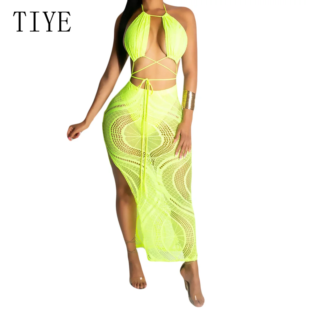 

TIYE Women Sexy Deep V Neck Hollow Out Halter Dress Backless Cross Bandage High Split with Lined Maxi Dress Summer Club Dress