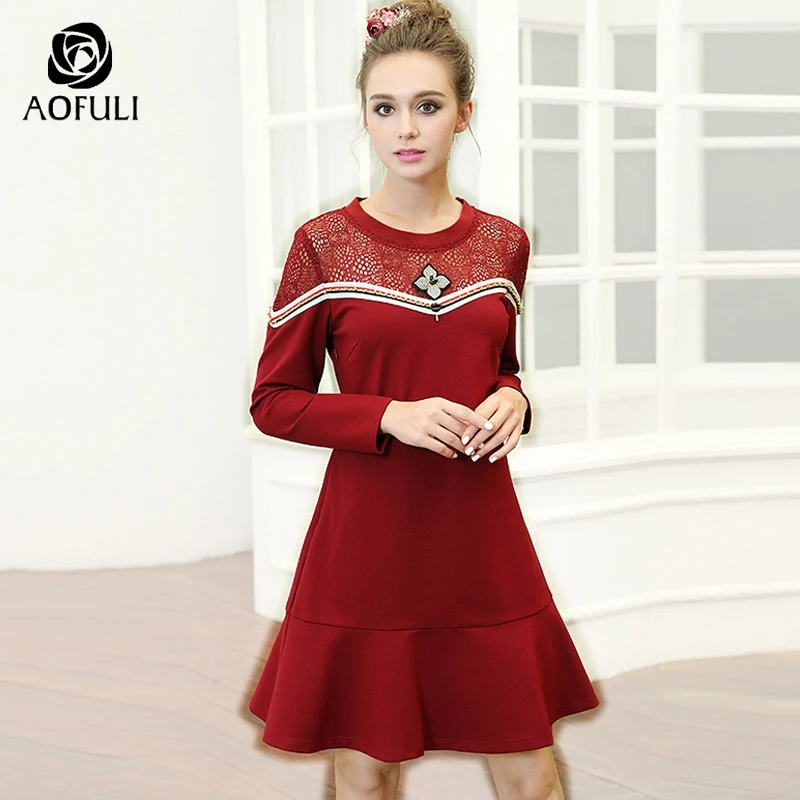 AOFULI M- 4XL 5XL Ladies Hollow Out Lace Up Ruffed Dress 2017 Fashion Autumn Winter Red Dress Big Size A-line Vestidos 6171