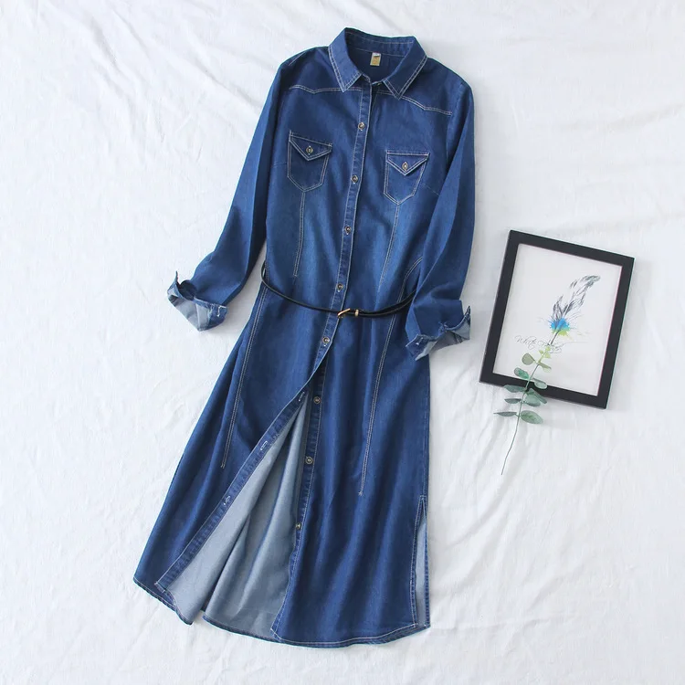 

women Shirt girl Long section denim windbreaker jacket female long-sleeved Slim student jacket tide wholesale 48258