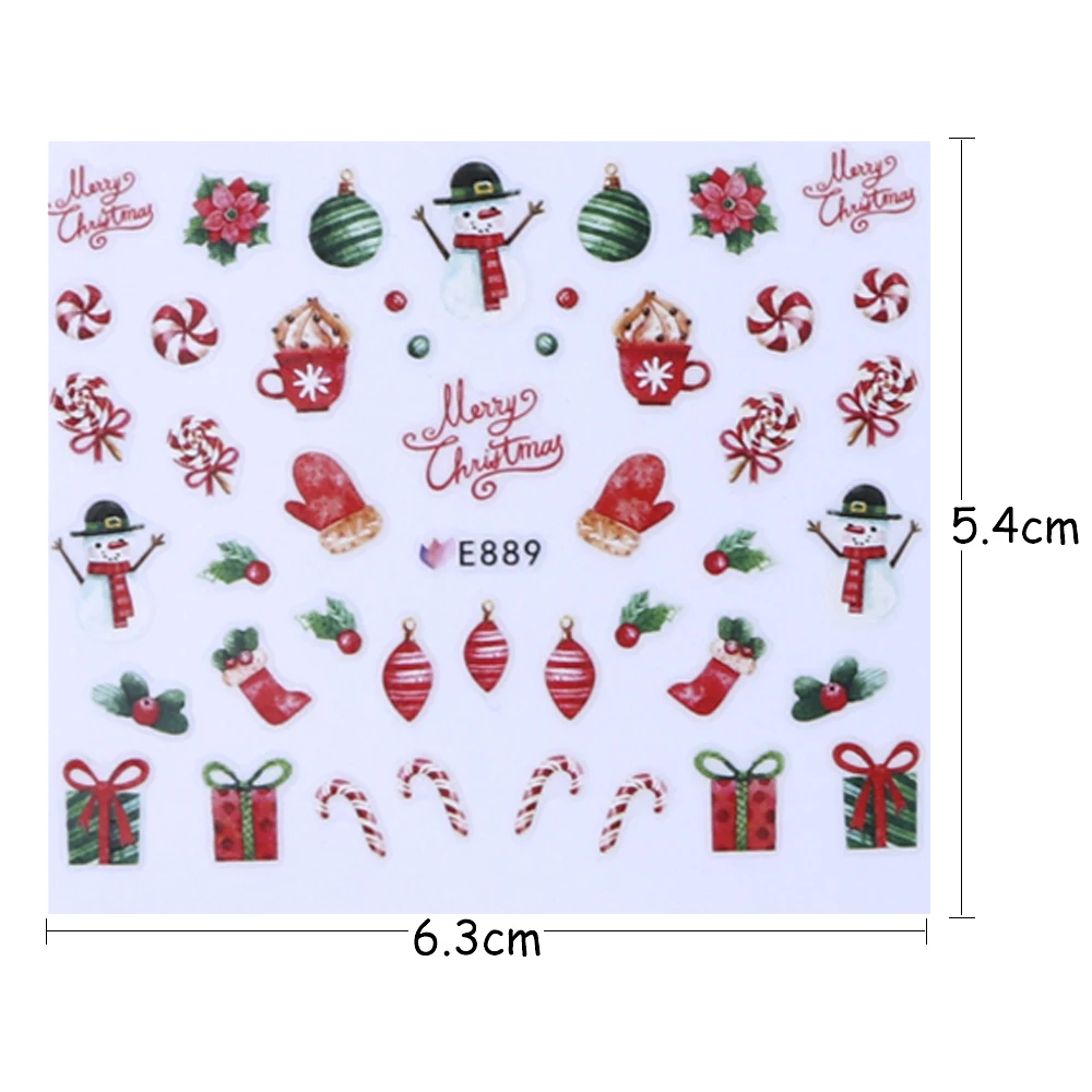 1 лист, Рождественский стикер для дизайна ногтей, слайдер, Санта Клаус, снеговик, переводные наклейки, фольга, 3D клей, год, Рождественский дизайн, CHE886-896