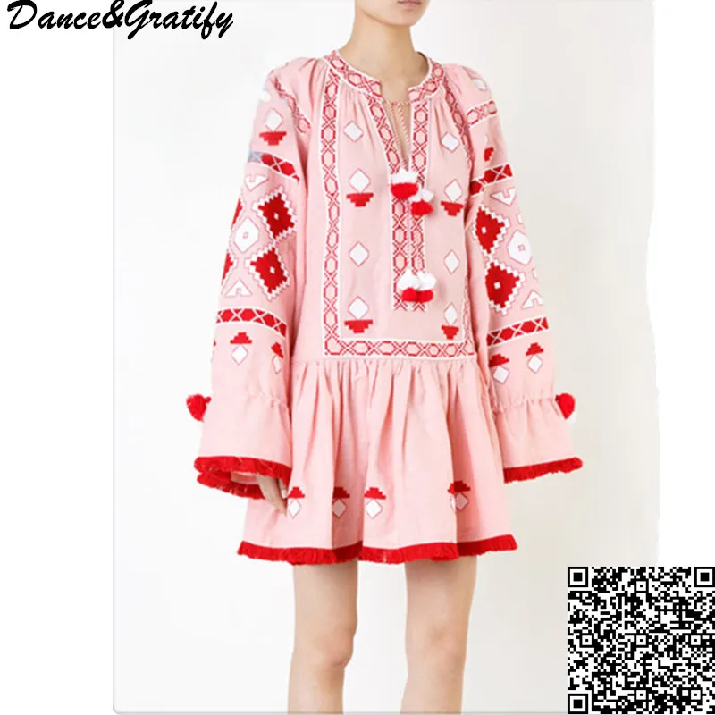 

Embroidered Boho Dress Bohemian Chic Style 2017 3/4 Sleeve V-Neck Tassels Ukraine Vintage Women Holiday Beach Dresses