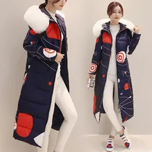 Luxury Soft Fur Collar Hooded Women Coat Winter Warm Down Cotton Woman Long Coat Fashion Printed