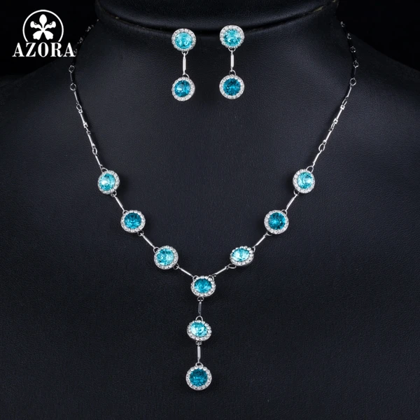 AZORA Elegant Blue Stellux Austrian Crystal Drop Earrings and Pendant Necklace Jewelry Sets for Women TG0199