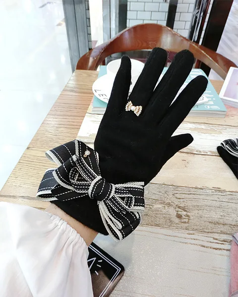 Зимние женские модные перчатки Кашемир Сенсорный экран женские перчатки большой бант серый черный запястье двойные теплые варежки мягкие