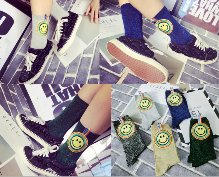 Gtglad/Новое поступление, корейский стиль, модный Блестящий Носок, женские весенне-зимние яркие носки ручной работы с радужным смайликом