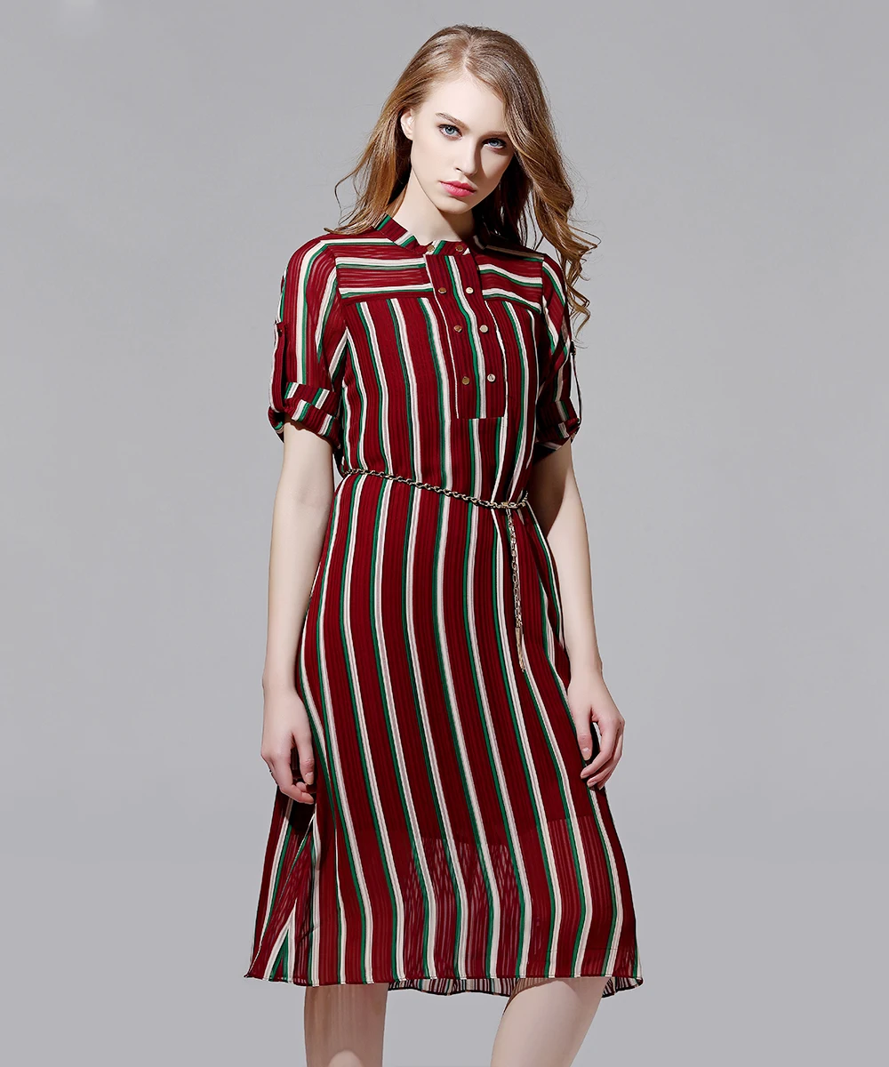 Summer Dress 2016 Chiffon O Neck Casual Blue Red Color Brief Dress