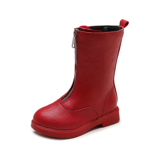 Age 3 14 Front Zipper PU leather Solid Color Big Children Boot For Kids