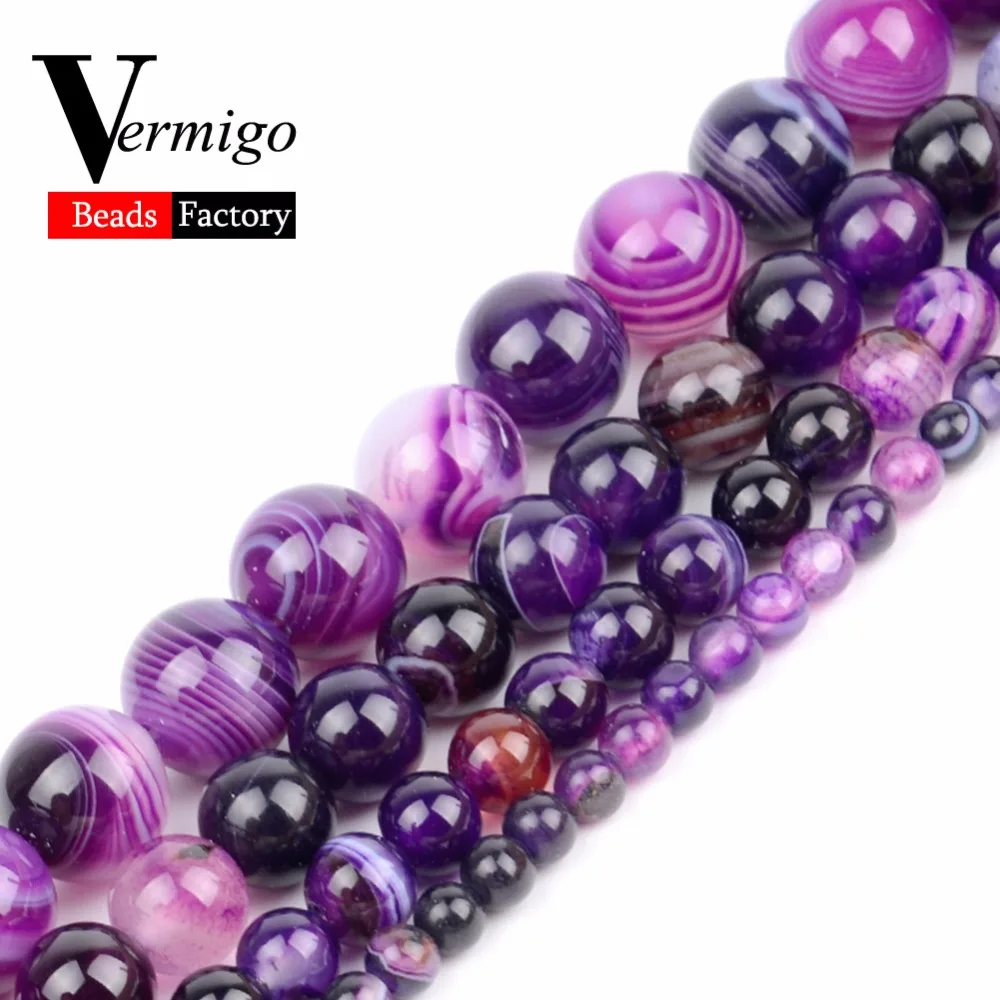 

Natural Stone Purple Stripe Agates Onyx Round Loose Beads For Jewelry Making Diy Bracelet Accessories 4 6 8 10 12mm Wholesale