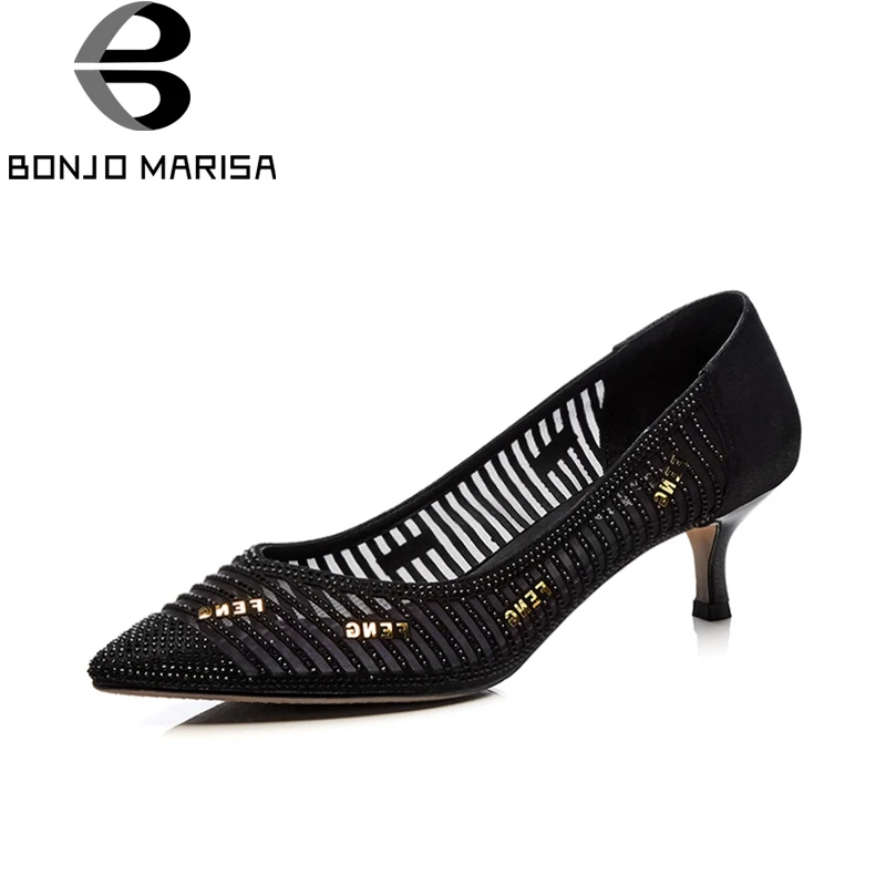 

BONJOMARISA fashion thin high heels women shoes slip on graceful crystal hollow pointed toe shoes women party pumps