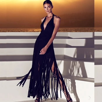 

2019 New Arrival Bandage Dress Long Maxi silver Tassel Elegant Evening Celebrity Sexy Backless V Neck Halter Vestidos Festa