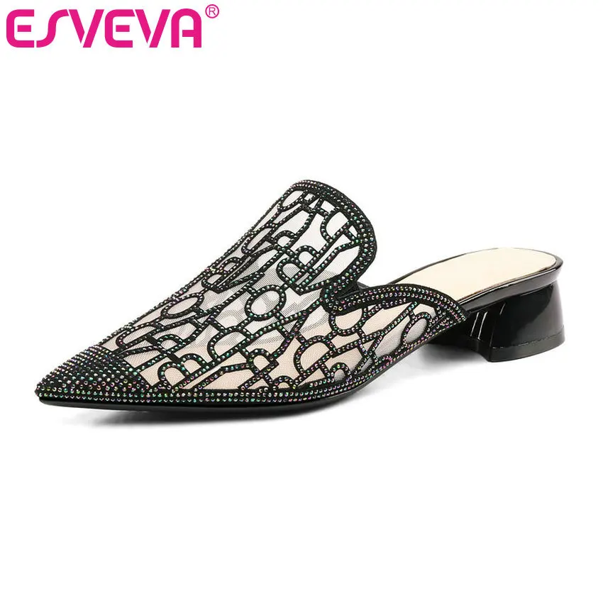 

ESVEVA 2019 Ladies Sandals Rhinestone Mesh Flock Coarse Low Heel Pointed Toe Black Slingback Cut Outs Women Pumps Size 34-39