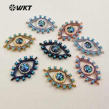 

WT-MC235 WKT Jewelry Wholesale Custom Bule Cubic Zirconia Pave Abalone Shell Connectors Silver Plated Evil Eyes Connector