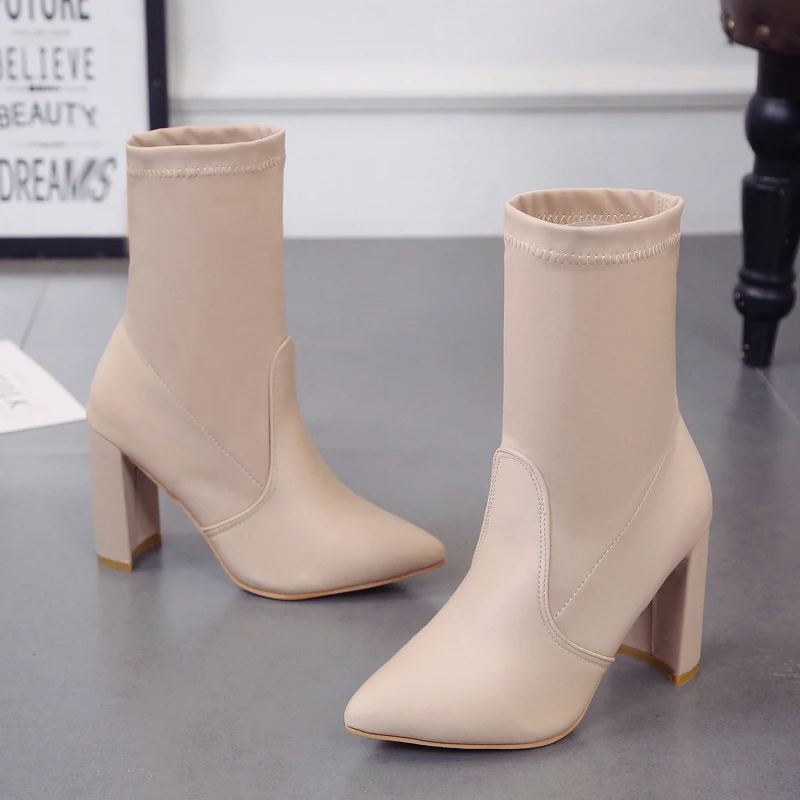 

Autumn Women's Boots Pointed Toe Yarn Elastic Ankle Boots Thick Heel High Heels Shoes Woman Female Socks Boots PA400850