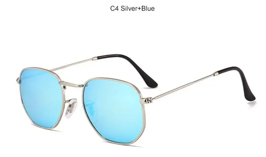 Трендовые шестигранные солнцезащитные очки для мужчин и женщин, золотисто-черные плоские линзы, роскошные брендовые маленькие очки, винтажные Ретро Круглые Солнцезащитные очки унисекс - Цвет линз: C4 Silver Blue