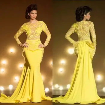 

Fashion Lace Formal Evening Dresses With Long Sleeves Mermaid Appliqued Sheer Jewel Neck Peplum Prom Dress Yellow Evening Gowns