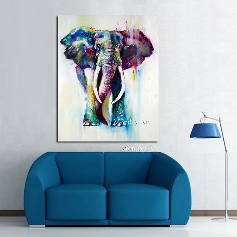 Hand-Painted-Color-Animals-Oil-Painting-Hang-Paintings-Modern-Elephant-Picture-For-Home-Decor-Running-Water