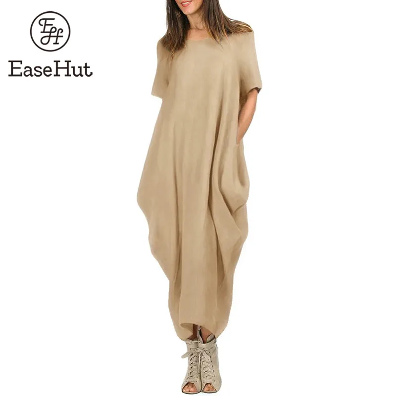 EaseHut عارضة المرأة ماكسي اللباس يا الرقبة جيب الصيف غير المتماثلة فضفاض زائد حجم 4XL 5XL الرجعية طويلة فساتين فضفاض Vestido الإناث