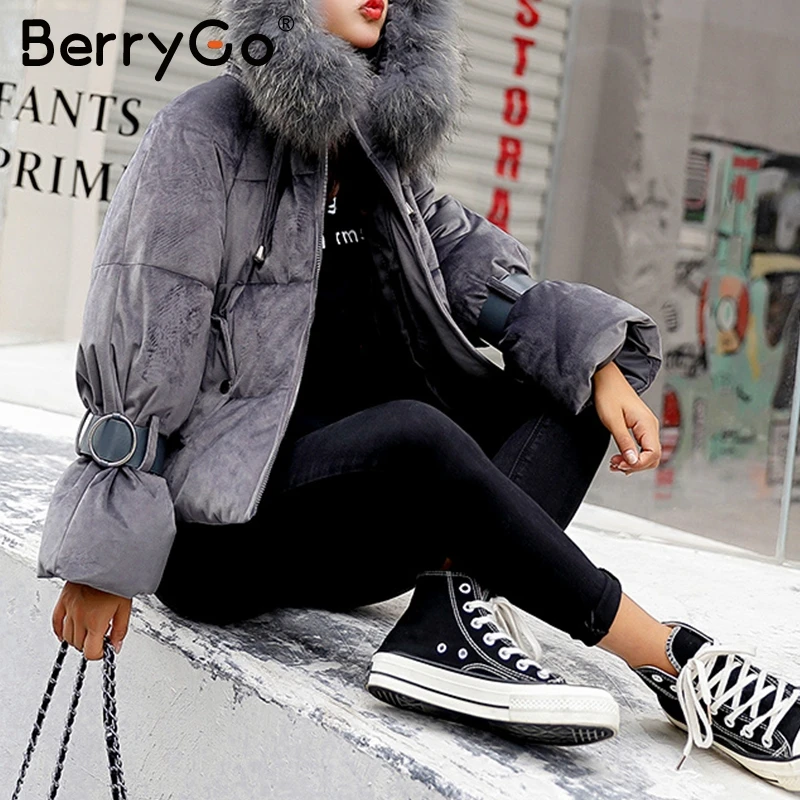 BerryGo Elegant hooded fur colllar outerwear coats Winter zipper belt lace up cotton warm coat Gold velvet thicken women parkas