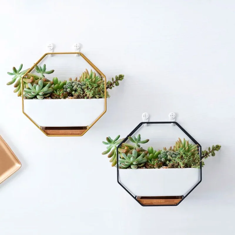 Minimalist Octagonal Geometric Wall Hanging Table Succulents Ceramic Flower Pot Bamboo Tray Iron Frame Set Crafts Gifts Black