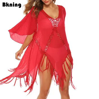 

Sexy Cover Up Swimwear Beach Dress Sheer Bathing Suit Cover Ups Robe De Plage Beach Wear Red Tassel Tunic Sleeve V Neck Cover-up