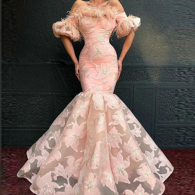 Evening dress Yousef aljasmi Long Dress Mermaid Pink Bateau 12Long Sleeve Tulle Organza Applique Feather Runway Fashio Red Carpet Dress249