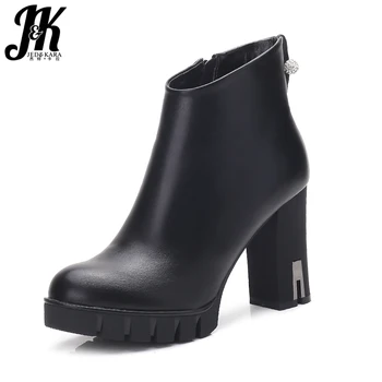 

JK New Thick High Heels Ankle Boots Women Autumn Pu Bootie Round Toe Crystal Footwear 2018 Warm High Neck Platform Female Shoes