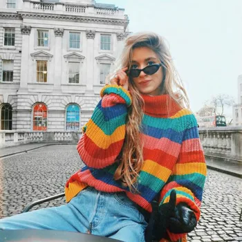 

Casual Runway Rainbow Turtleneck Warm Sweater Women Winter Knitted Plus Size Leisure Jumper Striped Oversized Pullover