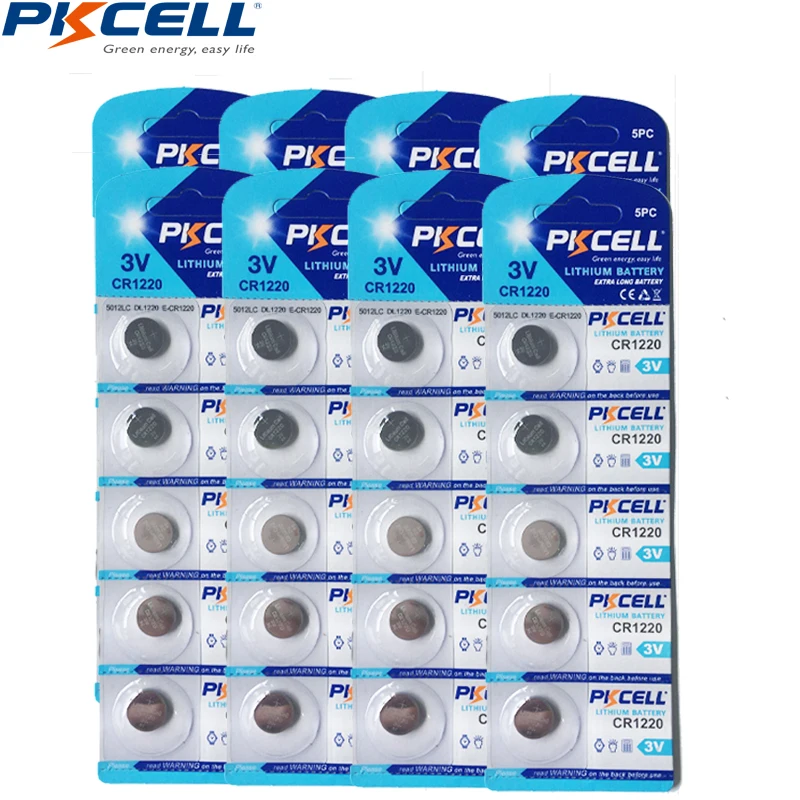 

40Pcs(5PC/Card) PKCELL 3V Battery Lithium CR1220 DL1220 LM1220 ECR1220 1220 Button Coin Cell Batteries