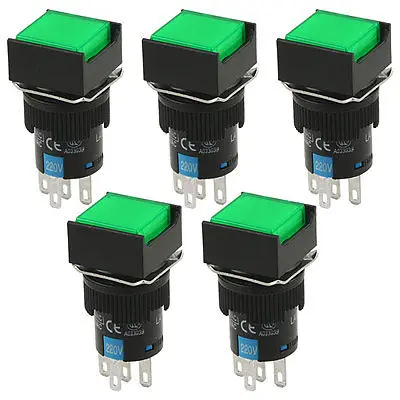 

AC 220V Panel Mount 1NO 1NC Latching Green Lamp Square Push Button Switch