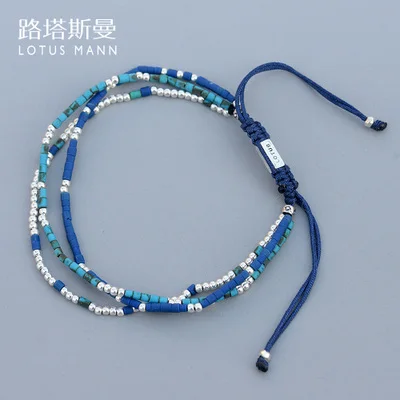 

Lotus Mann Double-color small coloured glaze with 925 silver bead weaving three layer a hoard of blue bracelets