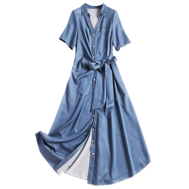 Women denim jeans summer dress short sleeve twist bow waist turn down collar a-line casual shirt dresses new 2019