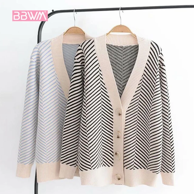 US $22.67 2020 autumn women's new sweater Korean version of the loose striped sweater cardigan long-sleeved V