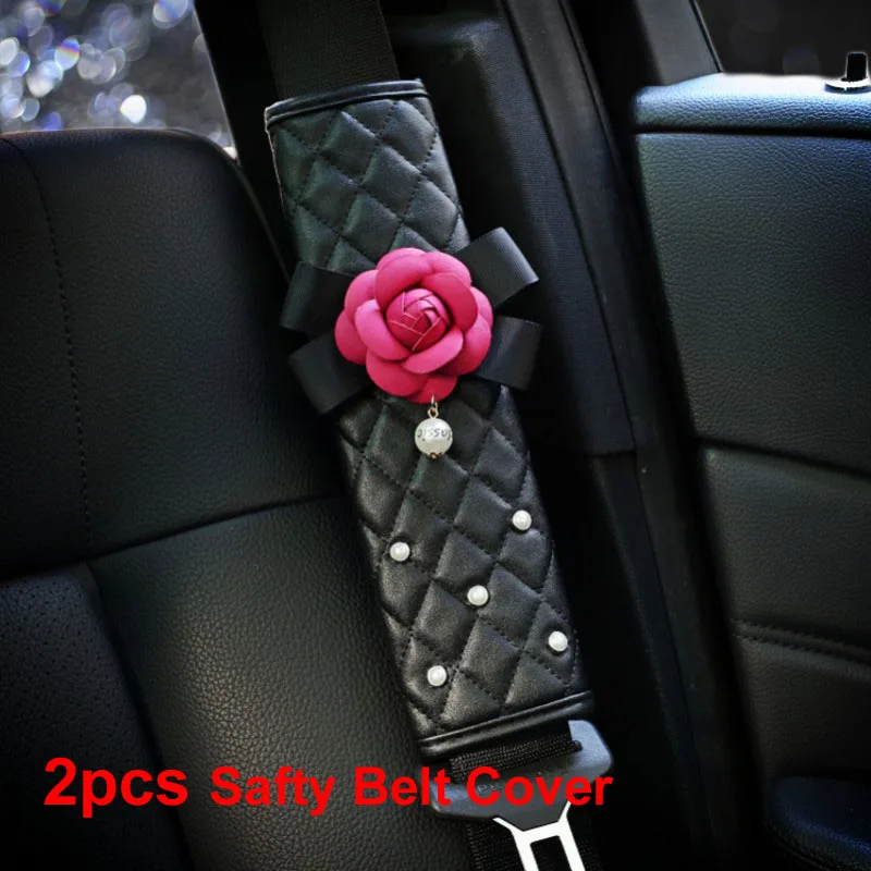 Милый жемчужный цветок камелии Накладка для ремня безопасности автомобиля кожаный рычаг переключения передач Чехол для ручного тормоза для женщин автомобильные аксессуары - Название цвета: Красный