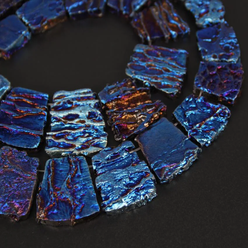 Craft Necklace Set Jewelry,Blue Coated Dragon Blood Stones Top Drilled Slab Beads,Rough Gems Graduated Slice Pendant,15pcs/str