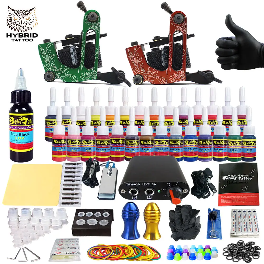 

Hybrid Complete Kit For Tattoo Liner and Shader Beginner Power Supply Foot Pedal Grips Needles Ink Set Tattoo Body&Art TK204-15