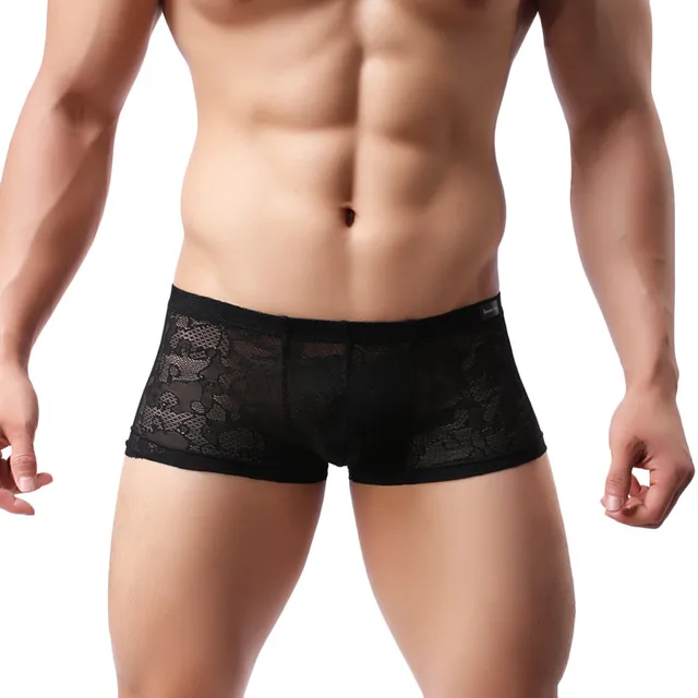 2017 New Fashion Mens Sexy Translucent Boxer Briefs Intimates Soft Lace Floral Ventilate Exotic Boxer Sexy Shorts Underpants -