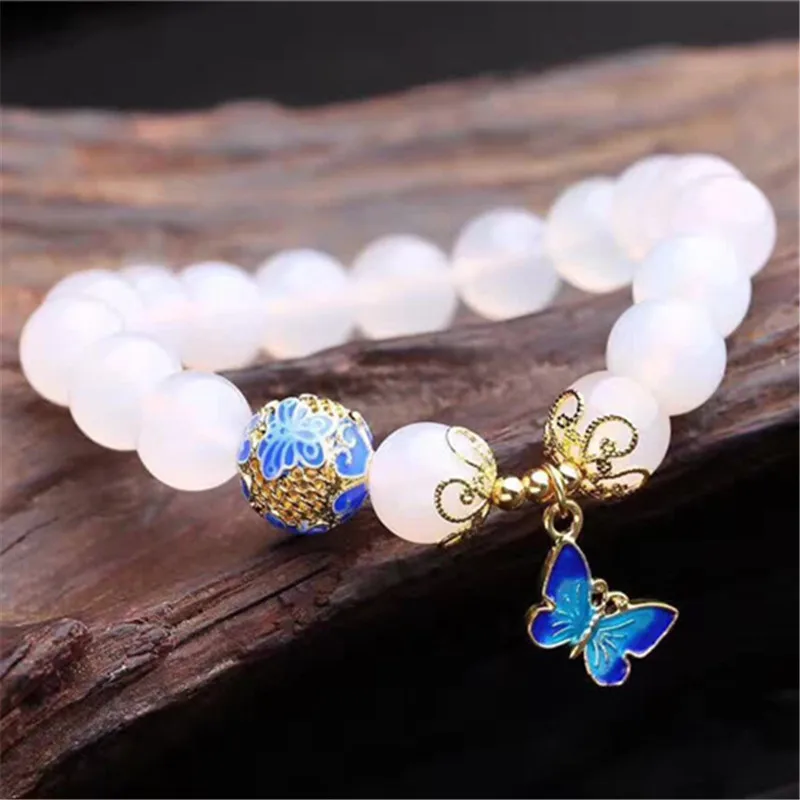 High Quantity 10mm beads White Agates natural stone bracelet women accessories metal butterfly pendant tasbih jewelry wholesale - Image 5