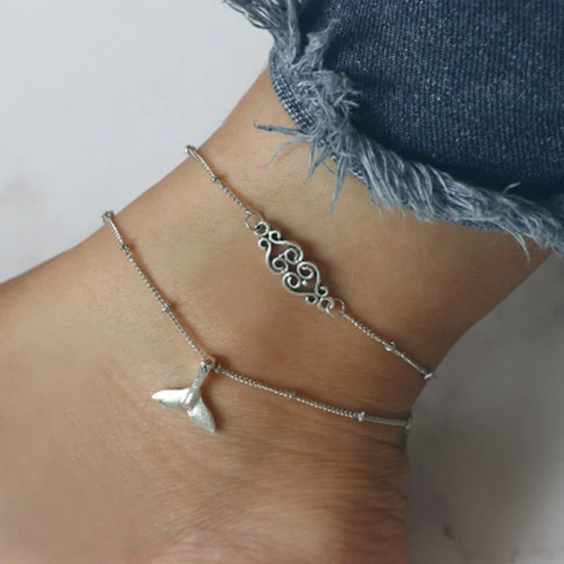 

2PCS Boho Handmade Multi Layer Heart Whale Tail Pendent Anklet for Women Retro Barefoot Beach Jewelry Gift Accessories