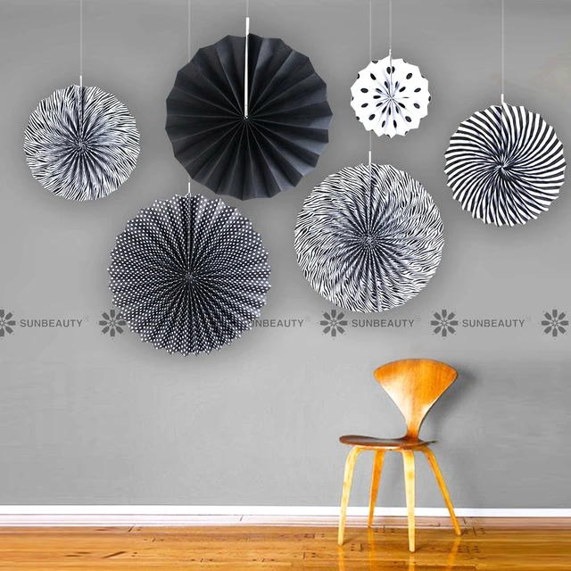 6 pcs set black paper fan backdrop paper pinwheel garland party fans