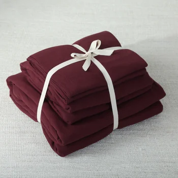 

4pcs 100% Cotton Jersey Knitted Fabric Luxury Bedroom set Dark red solid color bed linen set